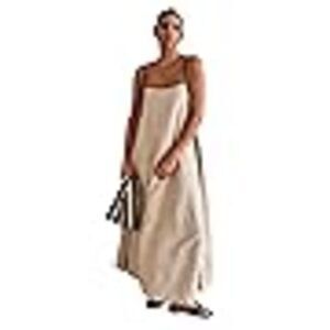 CHARTOU Women Summer Spaghetti Straps Linen Maxi Long Flowy Dress in Tan